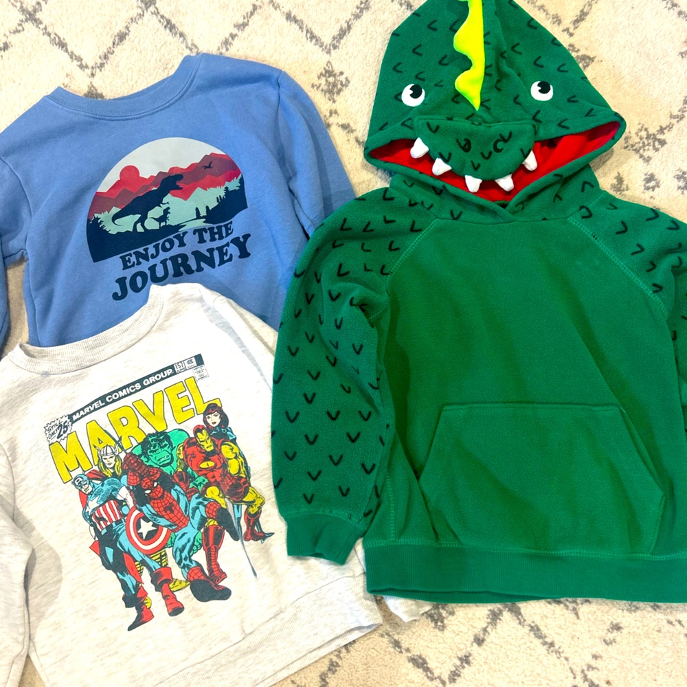4T Sweatshirt Bundle, Boys 4T Sweatshirts, Marvel, Dinosaur, Boys Winter Lot